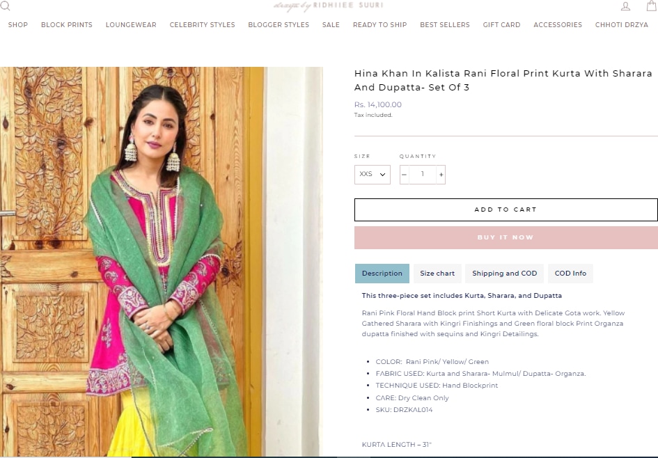 Hina Khan's sharara set from Drzya by Ridhi&nbsp;(shopdrzya.com)