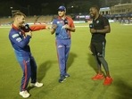 David Warner with Shane Watson and Rovman Powell