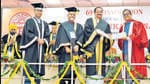 Vice President of India M Venkaiah Naidu and Panjab University vice-chancellor Raj Kumar presenting an honorary degree to principal scientific adviser to the Government of India, Ajay Kumar Sood, at the varsity’s 69th convocation in Chandigarh on Friday. Punjab governor Banwarilal Purohit, his Haryana counterpart Bandaru Dattatreya, and Punjab and Haryana chief ministers Bhagwant Mann and Manohar Lal Khattar were also present during the ceremony. (Sanjeev Sharma/HT)