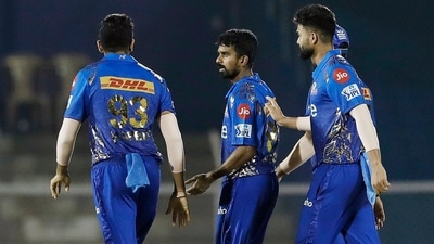Mumbai, May 06 (ANI): Mumbai Indians Murugan Ashwin celebrates the dismissal during the Indian Premier League 2022 match between Gujarat Titans and Mumbai Indians, at Brabourne Stadium in Mumbai on Friday. (ANI Photo/IPL Twitter) (ANI)