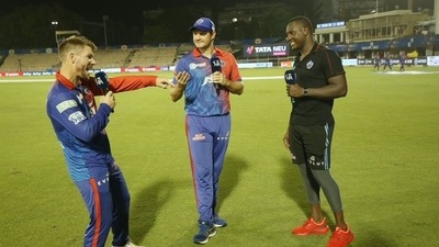 David Warner with Shane Watson and Rovman Powell (Twitter/@IPL) David Warner with Shane Watson and Rovman Powell (Twitter/@IPL)