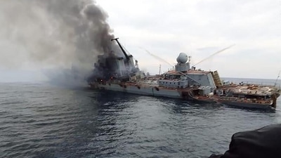 Image of sinking Russian flagship Moskva circulated in social media. Image of sinking Russian flagship Moskva circulated in social media.