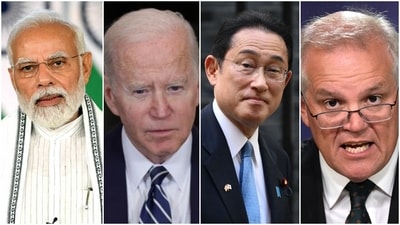 Prime Minister Narendra Modi, US President Joe Biden, Japanese PM Fumio Kishida and Australian PM Scott Morrison. Prime Minister Narendra Modi, US President Joe Biden, Japanese PM Fumio Kishida and Australian PM Scott Morrison.