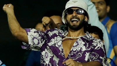Ranveer Singh celebrated Rohit Sharma's six at the IPL game in Mumbai. Ranveer Singh celebrated Rohit Sharma's six at the IPL game in Mumbai.