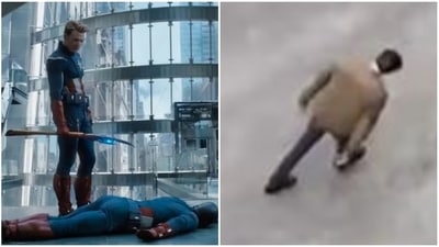 Chris Evans as Captain America; during the shooting of Ghosted.