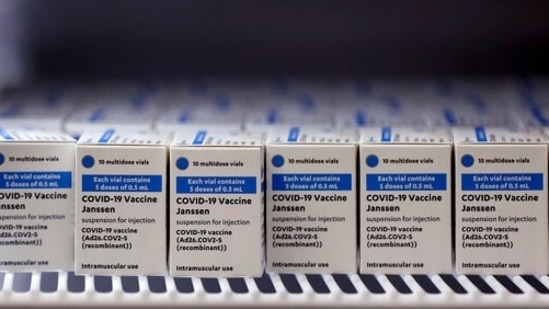 Boxes of Corona vaccine from the US pharmaceutical company Johnson and Johnson storages in a transport box at a warehouse.(AP)