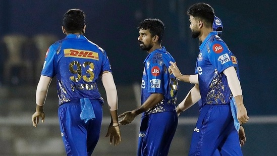 Mumbai, May 06 (ANI): Mumbai Indians Murugan Ashwin celebrates the dismissal during the Indian Premier League 2022 match between Gujarat Titans and Mumbai Indians, at Brabourne Stadium in Mumbai on Friday. (ANI Photo/IPL Twitter)(ANI)