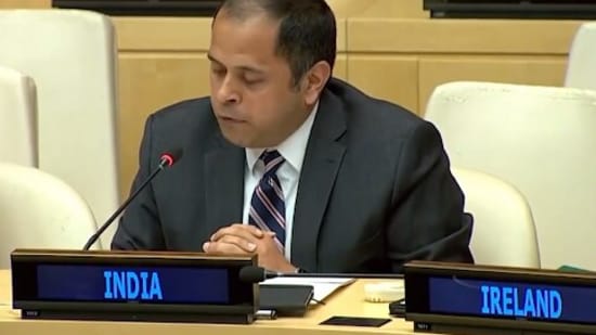 Pratik Mathur, counsellor at India's Permanent Mission to United Nations, speaks at the UNSC meeting on Ukraine.