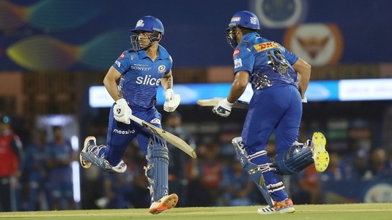 Mumbai: Ishan Kishan and Rohit Sharma, captain of Mumbai Indians take a run during the 51st T20 cricket match of the Indian Premier League 2022 (IPL season 15), between the Gujarat Titans and the Mumbai Indians, at Brabourne Stadium (CCI) in Mumbai, Friday, May 6, 2022. (Sportzpics for IPL/PTI Photo)(PTI05_06_2022_000193B)(PTI)