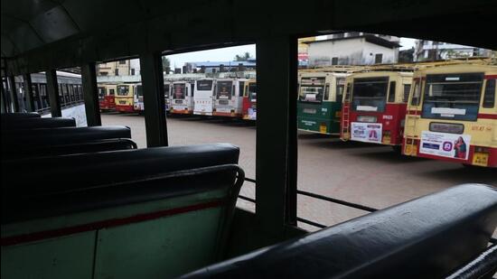 Commuters across the state were left stranded on Friday following the day-long strike called by a section of the employees of Kerala State Road Transport Corporation (KSRTC), who were protesting the delay in their salary disbursement. (HT Photo)