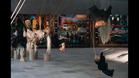 The Nordic Pavilion has been renamed to acknowledge the indigenous Sámi people, original inhabitants of Lapland. Above, Máret Anne Sara’s installation uses the stomach and sinews of reindeer, crucial to Sami culture. The work is highlighted with two scents, one meant to evoke fear, the other hope. (Michael Miller OCA)