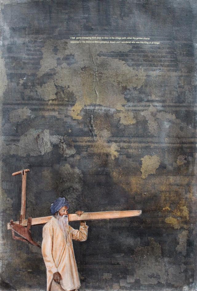 Charanjeet Singh’s Farming 1 is mixed media on paper. He uses objects of daily life, Mughal miniature elements, historical architecture, and combines them all with literature and poetry.