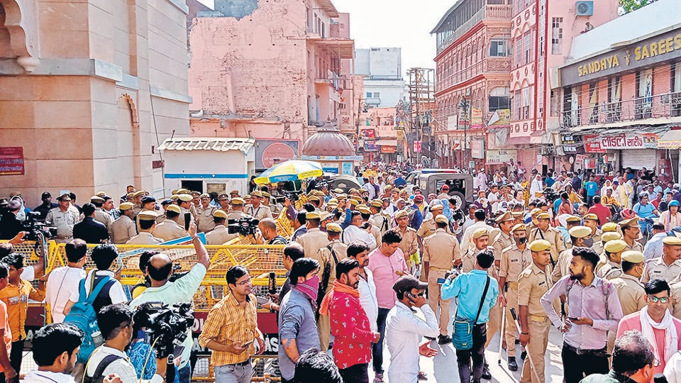 Police personnel deployed outside Gyanvapi Masjid in Varanasi on Friday. (ANI)