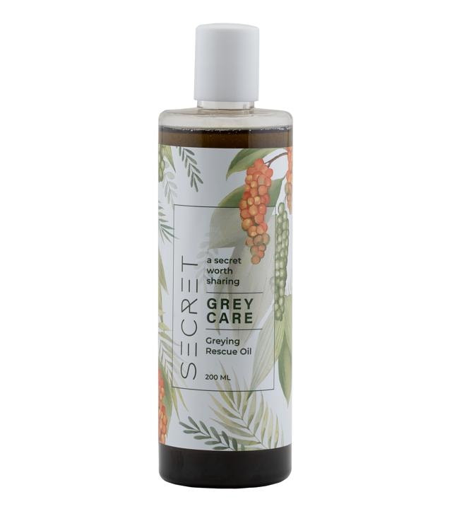 The Grey Care Hair Oil from SECRET prevents greying and helps promote hair growth