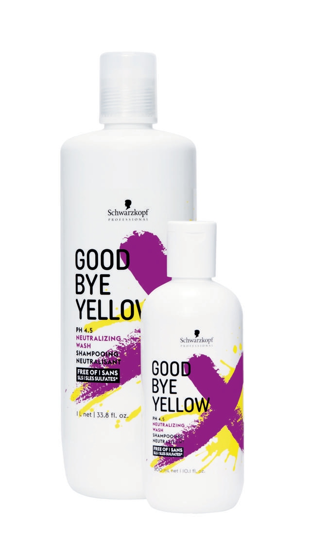 The PH 4.5 neutralizing Goodbye Yellow shampoo from SCHWARZKOPF PROFESSIONAL counteracts and neutralizes underlying warm tones