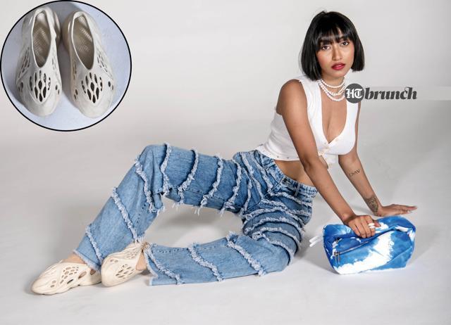 A trend that really works for women is lace sneakers with embellishments; Denims by Hiro; Shoes by Yeezy; Top by H&M; Bag by Off White