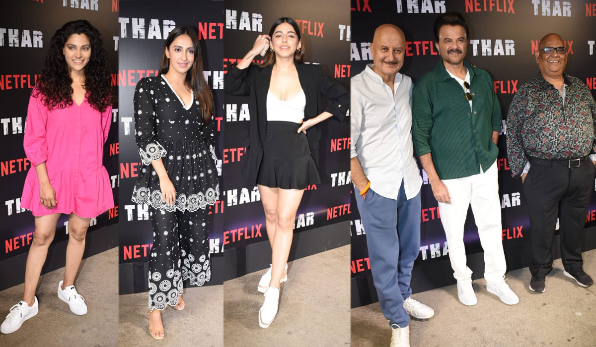 Saiyami Kher, Akansha Ranjan Kapoor, Alaya F, Anupam Kher, Anil Kapoor and Satish Kaushik at Thar screening. (Varinder Chawla)