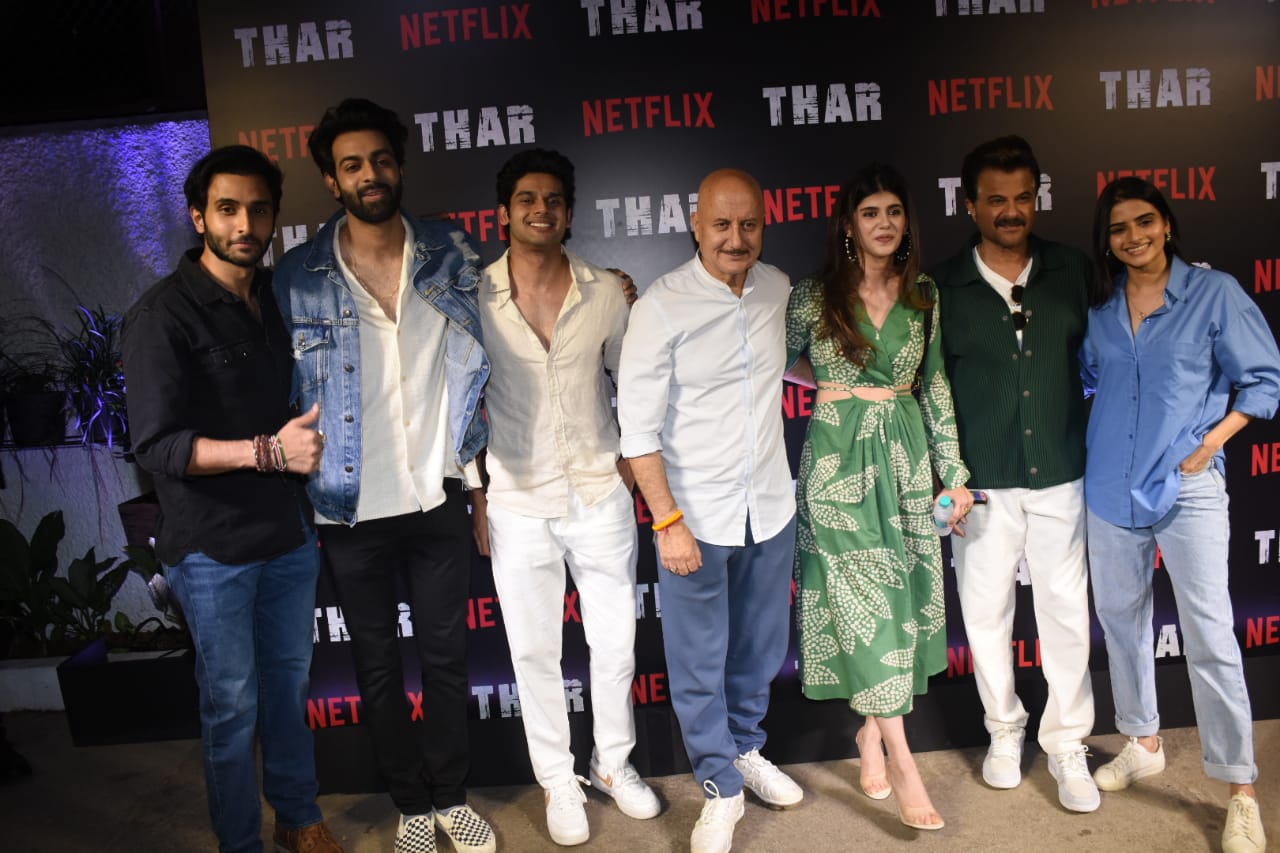 Abhimanyu Dassani (third from left), Anupam Kher, Sanjana Sanghi, Anil Kapoor and Avantika Dassani at Thar screening. (Varinder Chawla)