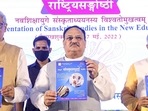 BJP National President JP Nadda, Chairman of the Econimic Advisory Council to the Prime Minister Bibek Debroy and Indian Computer Scientist Vijay Pandurang Bhatkar during 'Utkarsh Mahotsav', organised by Central Sanskrit University at Dr. Ambedkar International Centre, in New Delhi, Saturday, May 7, 2022. (PTI Photo)