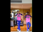 The image, taken from the Instagram video, shows Jos Buttler and Yuzvendra Chahal dancing to Aparshakti Khurana and Dhanashree Verma’s Balle Ni Balle.(Instagram/@rajasthanroyals)