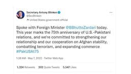 A screenshot of US Secretary of State Antony Blinken’s post on Twitter after a call with Pakistan’s new Foreign Minister Bilawal Bhutto-Zardari. (Twitter)