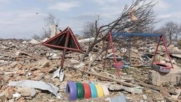 The ruins of a kindergarten school in Kyiv destroyed during the Russia-Ukraine war. 