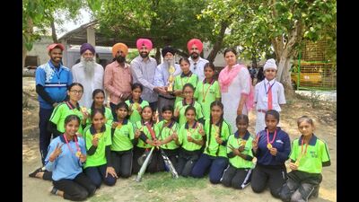 The team of Government Girls Senior Secondary School, Gill, who emerged as winners at the 9th Sub-Junior District Baseball Championship on Saturday. (HT Photo)