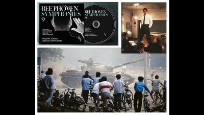 Students played the symphony to drown out the Chinese military at Tiananmen Square in June 1989. It plays in Robin Williams’s triumphant moment in Dead Poets Society (1989). And when Sony decided that all of the 70-minute symphony had to fit on one CD, it determined the size of the compact disc. (Getty Images) Students played the symphony to drown out the Chinese military at Tiananmen Square in June 1989. It plays in Robin Williams’s triumphant moment in Dead Poets Society (1989). And when Sony decided that all of the 70-minute symphony had to fit on one CD, it determined the size of the compact disc. (Getty Images)