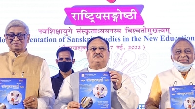 BJP National President JP Nadda, Chairman of the Econimic Advisory Council to the Prime Minister Bibek Debroy and Indian Computer Scientist Vijay Pandurang Bhatkar during 'Utkarsh Mahotsav', organised by Central Sanskrit University at Dr. Ambedkar International Centre, in New Delhi, Saturday, May 7, 2022. (PTI Photo)