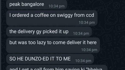 Swiggy customer's ‘Peak Bangalore’ Whatsapp message about his/her delivery partner's decision to ‘Dunzo’ his order has gone viral (Twitter) Swiggy customer's ‘Peak Bangalore’ Whatsapp message about his/her delivery partner's decision to ‘Dunzo’ his order has gone viral (Twitter)