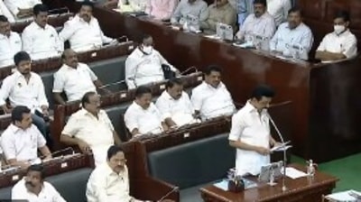 Tamil Nadu chief minister MK Stalin addresses the state assembly.&nbsp;