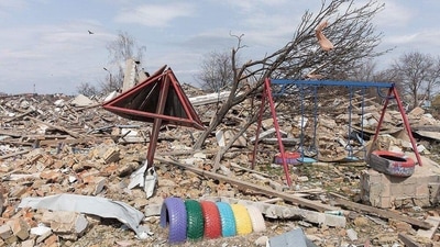 The ruins of a kindergarten school in Kyiv destroyed during the Russia-Ukraine war. (Mikhail Palinchak/Instagram) The ruins of a kindergarten school in Kyiv destroyed during the Russia-Ukraine war. (Mikhail Palinchak/Instagram)