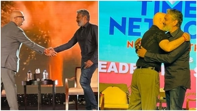 Anupam Kher and SS Rajamouli share a handshake and a hug. Anupam Kher and SS Rajamouli share a handshake and a hug.