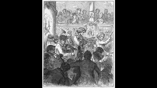 A rendering of Beethoven and Michael Umlauf conducting the symphony at its premiere. The 9th was Beethoven’s first new symphony in a decade (and would be his last full one). It required his largest orchestra yet and had the unusual addition of vocals. No one had heard anything quite like it. (Getty Images)