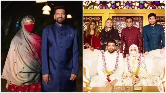 Left- A picture from Khatija Rahman and Riyasdeen Riyan's wedding reception. Right- A picture with AR Rahman from the wedding ceremony.