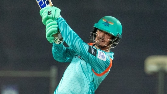 Quinton De Kock of Lucknow Super Giants plays a shot during the 53rd T20 cricket match of the Indian Premier League 2022(PTI)