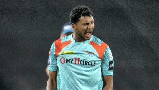Mohsin Khan of Lucknow Super Giants celebrates the wicket of Baba Indrajith of Kolkata Knight Riders (PTI)