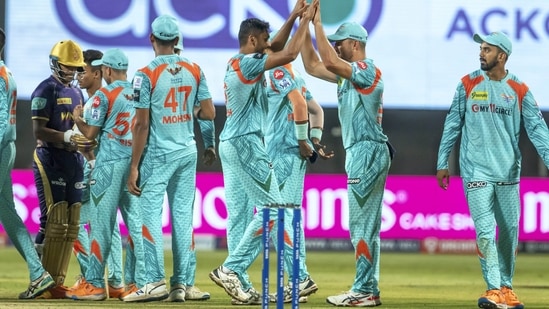 Lucknow Super Giants players celebrate after winning the 53rd T20 cricket match of the Indian Premier League 2022(PTI)