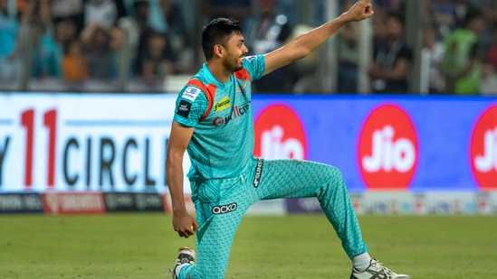 Avesh Khan of Lucknow Super Giants celebrates the wicket of Tim Southee of Kolkata Knight Riders(PTI)