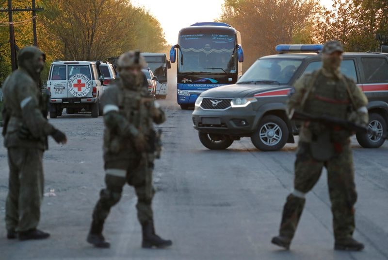 A bus carrying civilians evacuated from Azovstal steel plant in Mariupol arrives at a temporary accommodation centre in the village of Bezimenne, (Reuters photo)