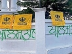 Khalistan flags were found tied to the main gate and separatist slogans scrawled on the boundary walls of the HP Legislative Assembly complex near Dharamshala on May 8. (HT PHOTO) Khalistan flags were found tied to the main gate and separatist slogans scrawled on the boundary walls of the HP Legislative Assembly complex near Dharamshala on May 8. (HT PHOTO)