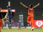 Umran Malik of the Sunrisers Hyderabad celebrates after picking a wicket(IPL) Umran Malik of the Sunrisers Hyderabad celebrates after picking a wicket(IPL)