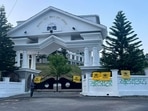 Khalistan flags were found tied on the main gate and slogans scrawled on the walls of the Himachal Pradesh legislative assembly complex at Dharamshala in Kangra district, Himachal Pradesh, on Sunday, May 8, 2022. (HT Photo)(HT_PRINT) Khalistan flags were found tied on the main gate and slogans scrawled on the walls of the Himachal Pradesh legislative assembly complex at Dharamshala in Kangra district, Himachal Pradesh, on Sunday, May 8, 2022. (HT Photo)(HT_PRINT)