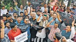 Congress MLA Vikramaditya Singh and party supporters protest against the incident in Kangra on Sunday. (ANI) Congress MLA Vikramaditya Singh and party supporters protest against the incident in Kangra on Sunday. (ANI)