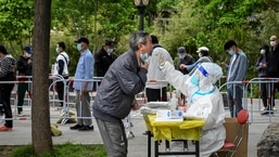 Um profissional de saúde coleta uma amostra de cotonete de um homem para ser testado para o coronavírus Covid-19 em um local de teste improvisado ao longo de uma rua em Pequim em 7 de maio de 2022.
