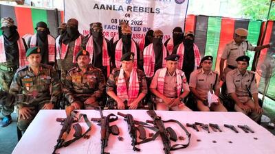 The AANLA militants surrendered four AK series rifles, four pistols, one revolver and several rounds of ammunition (Twitter/himantabiswa) The AANLA militants surrendered four AK series rifles, four pistols, one revolver and several rounds of ammunition (Twitter/himantabiswa)