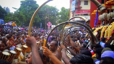 The main festival starts at the time of Kanimangalam sasthavu ezhunnellippu in the early morning and is followed by the ezhunnellippu of other six temples. (Pinterest) The main festival starts at the time of Kanimangalam sasthavu ezhunnellippu in the early morning and is followed by the ezhunnellippu of other six temples. (Pinterest)