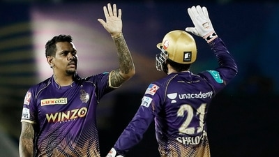 Kolkata Knight Riders Sunil Narine celebrates the dismissal of Rajasthan Royals Devdutt Padikkal&nbsp; (IPL)