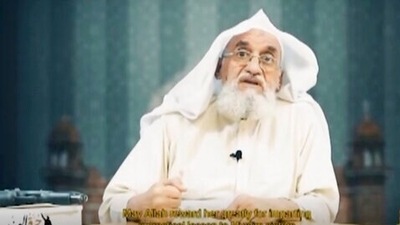 This image taken from a video issued by as-Sahab, al-Qaida's media branch, on April 5, 2022, shows Al-Qaeda leader Ayman al-Zawahri speaking, (AP)