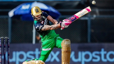 Faf du Plessis, captain of Royal Challengers Bangalore plays a shot during the Indian Premier League 2022 (PTI) Faf du Plessis, captain of Royal Challengers Bangalore plays a shot during the Indian Premier League 2022 (PTI)